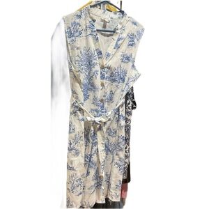 Chloe + Rene Linen/Rayon Button Shift Dress Beautiful Vintage Toile Print Size L